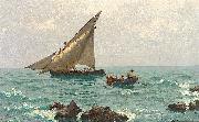 Julius Ludwig Friedrich Runge Morgenstimmung an der Adria mit Fischerbooten und Langustenfischern. Im Vordergrund felsige Kuste. Spain oil painting artist